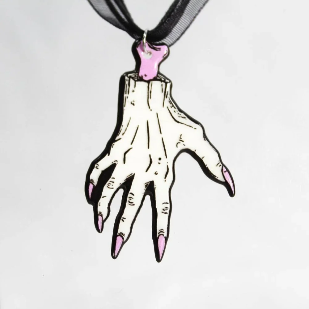 Pastel Goth Hand Charm Black 3 Tier Ribbon Waxed Cord Necklace